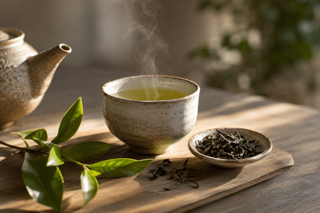 rustiek beeld van groene thee om te benadrukken hoe thee drinken je meer energie en focus geeft