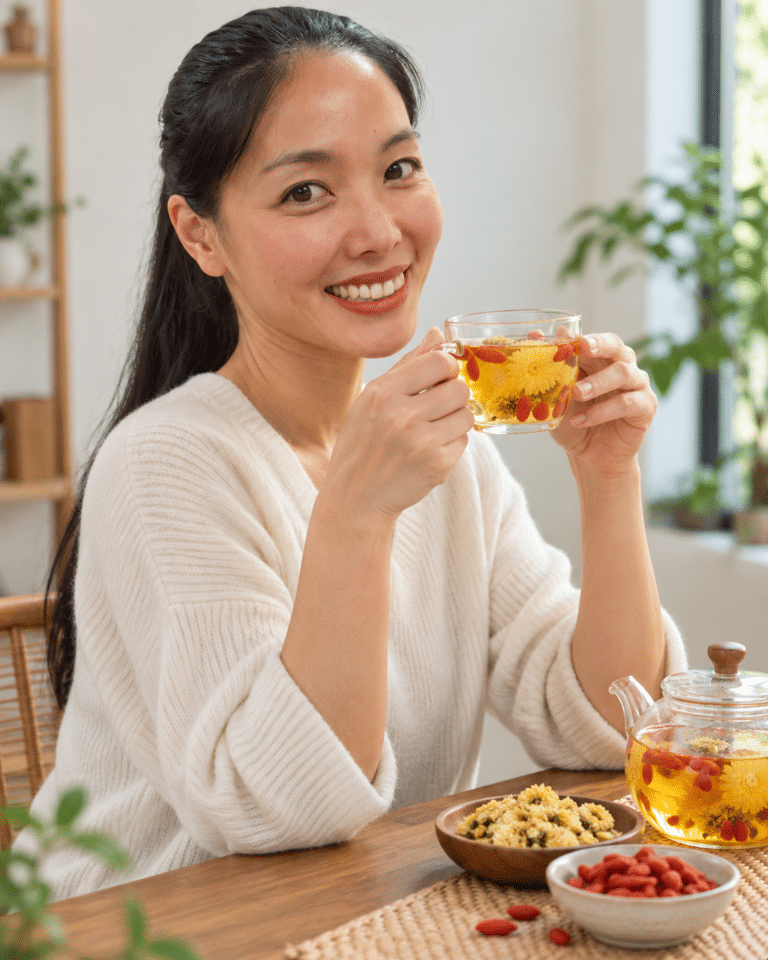 meiyu van yangsheng lifestyle die thee drinkt van gele chrysanthemum en goji bessen