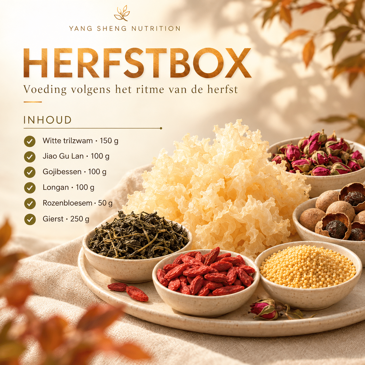 Herfstbox met witte trilzwam, Jiao Gu Lan, gojibessen, longan, rozenbloesem en gierst